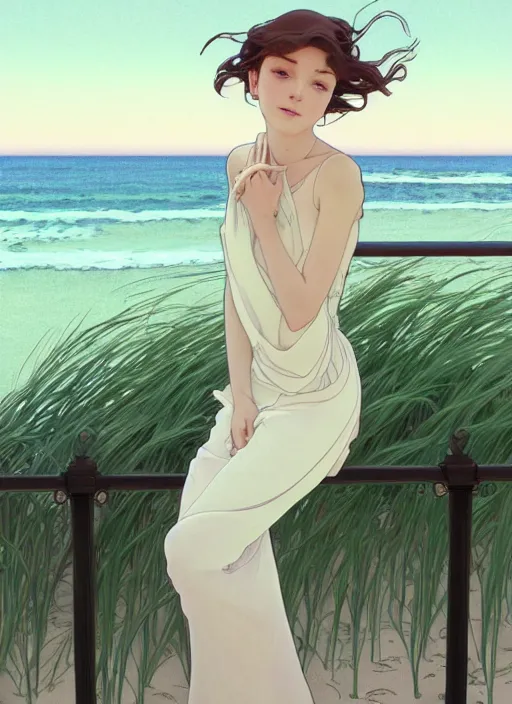 Image similar to pretty young woman leaning against the railing at the beach, path traced, highly detailed, high quality, digital painting, by studio ghibli and alphonse mucha, leesha hannigan, makoto shinkai, disney