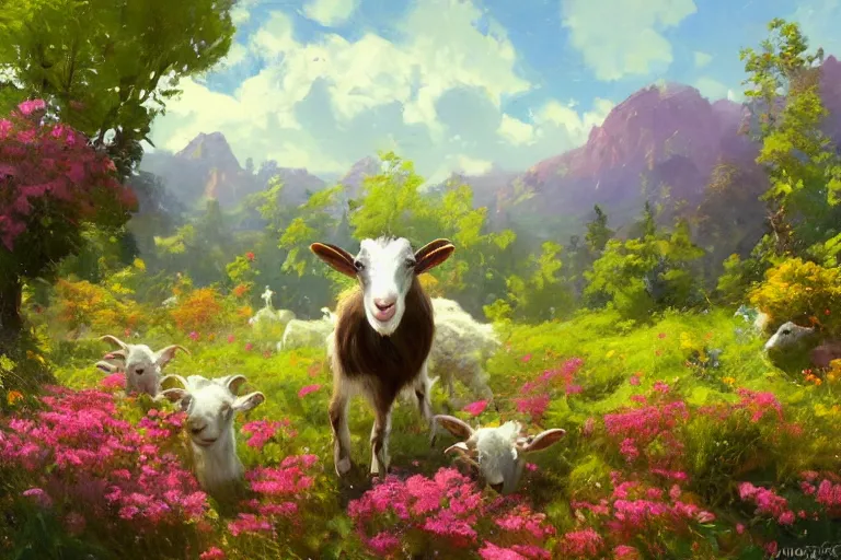 Image similar to cute goat with huge googley eyes eyes looks intensely into the camera, marijuana trees, multicolored weed leaves, dynamic lighting, landscape, artwork by jeremy lipkin and giuseppe dangelico pino and michael garmash and rob rey and greg manchess and huang guangjian and makoto shinkai, pixiv, 1 0 0 mm