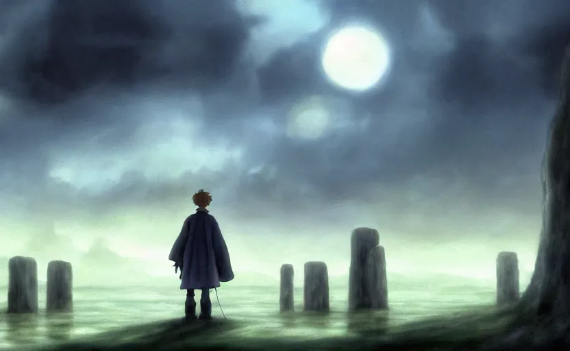 Image similar to a realistic and atmospheric cell - shaded concept art from howl's moving castle ( 2 0 0 4 ) of a grey monk standing in a futurist sci - fi city that looks like stonehenge in a flooded rainforest. it is a misty starry night. a ufo is in the sky. very dull muted colors, hd, 4 k, hq