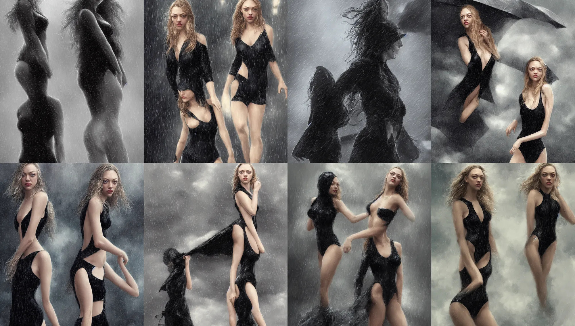 Prompt: amanda - seyfried in a black swimsuit, intricate, elegant, highly detailed, rainy storm, digital painting, sharp focus, illustration, artstation, artgerm, greg rutkowski