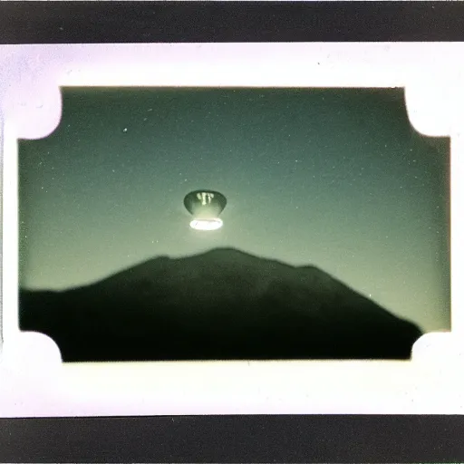 Image similar to a ufo flying over a distant mountain at night, historical photo, old polaroid, expired film,