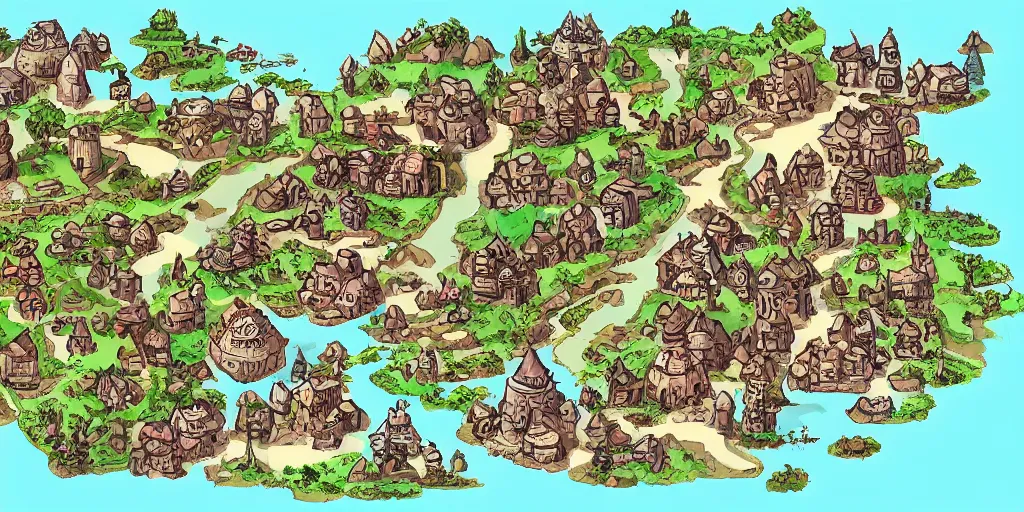 Image similar to a high detailed fantasy bandit camp vector art an aerial view of a cartoonish rpg village by dungeondraft, dofus, patreon content, hd, straight lines, vector, grid, dnd map, map patreon, fantasy maps, foundry vtt, fantasy grounds, aerial view, dungeondraft, tabletop, inkarnate, dugeondraft, roll 2 0