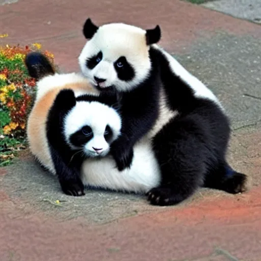 Image similar to panda, cat, and rabbit snuggling cute