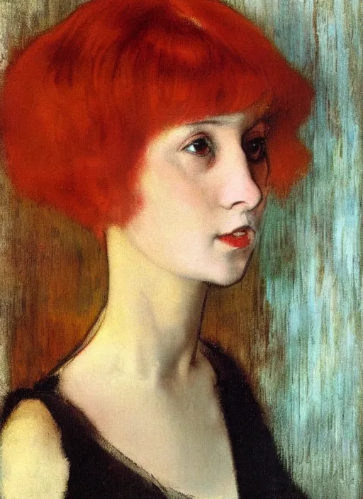 Prompt: portrait of a lovely! young woman!! 19th century haircut! red hair! looking at us! slight smile! natural light, by Edgar Degas