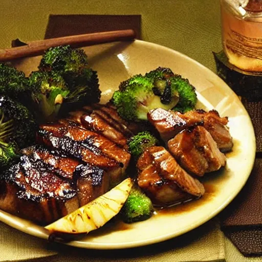 Prompt: a plate of seared glazed pork with a side of grilled pineapple and long broccoli, rpg item, fantasy concept art by craig mullins