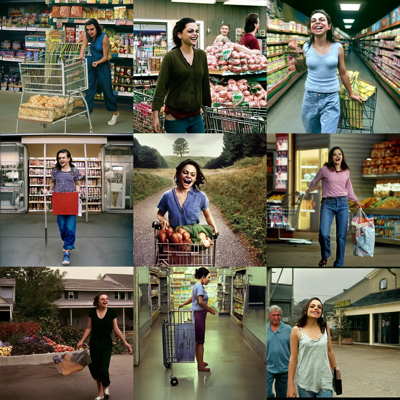 Prompt: portrait of laughing Mila Kunis walking out of the grocery store, Gregory Crewdson, Joel Sternfeld