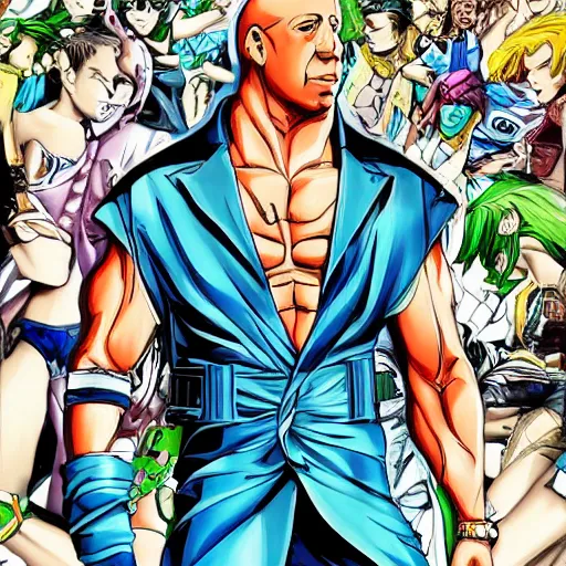 Image similar to Digital painting of Vin Diesel wearing clothes designed by Emilio Pucci walking like a Italian model in JoJo\'s Bizzare Adventure anime style, official media from JoJo\'s Bizzare Adventure, highly detailed, sharp focus, screentone shading, 1990s manga panel, ArtStation, art by Hirohiko Araki