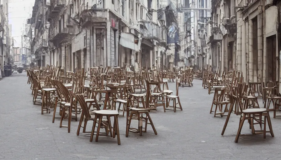 Image similar to chairs piled up ten meters high along the walls of the street, hyperrealistic shaded