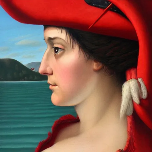 Prompt: a pirate captain gazing into the horizon in the style of mary jane ansell.