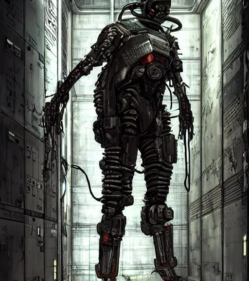Image similar to realistic cyberpunk engineer with long limbs in a hallway, techwear, dead space, visible face, Industrial Scifi, detailed illustration, character portrait, by Ashley Wood and Moebius