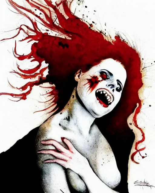 Image similar to style of ralph steadman : : gorgeous vampire amy adams : : sharp teeth fangs, open mouth sneer : : symmetrical face, symmetrical eyes : : gorgeous red hair : : magic lighting, low spacial lighting : :