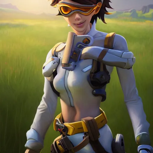 Prompt: beautiful oil painting of tracer from the game overwatch, standing in grassy field, smiling while the sun shines down, feminine face, light rays, radiant quality, 4 k, brush strokes, anatomically accurate face, beautiful eyes, peaceful atmosphere, artstation, detailed face, smiling,