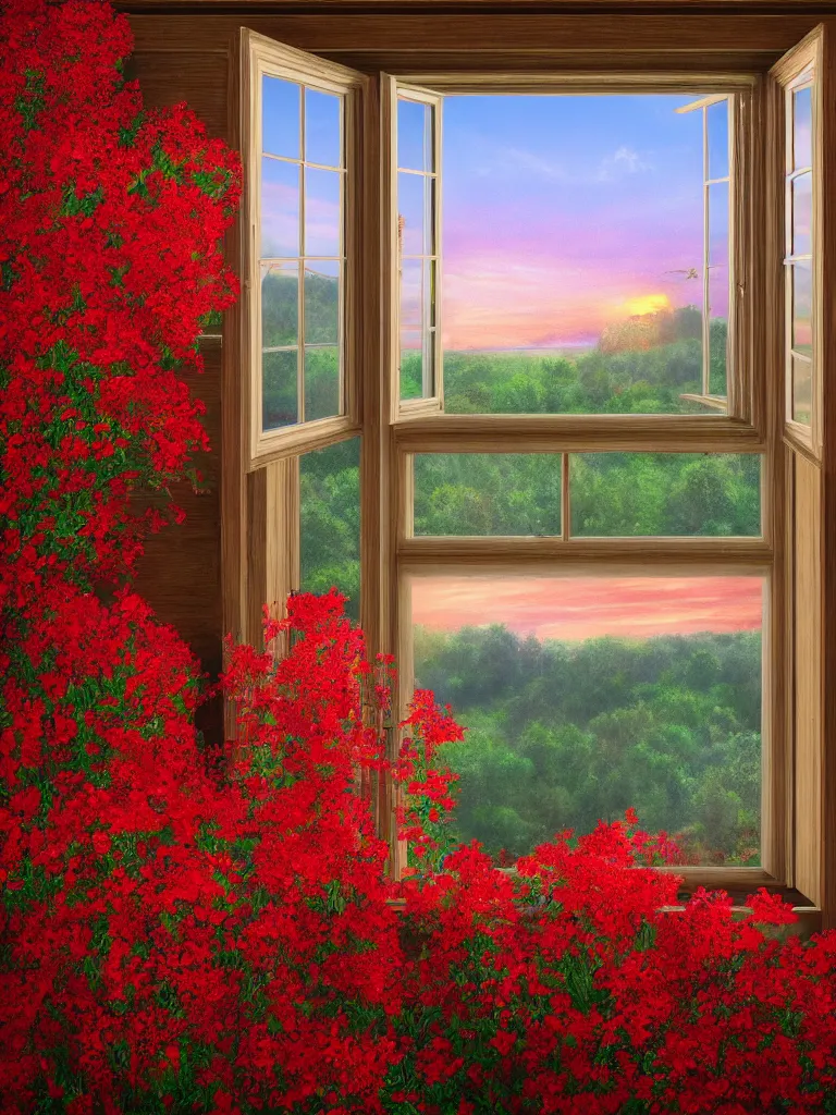 Image similar to a interior photo of a vintage house single window with view to the sunrise near some red flowers, hyperrealistic, digital painting, masterpiece, high quality, highly detailed, high coherence, path traced, serene landscape, beautiful, elegant, bloom, godrays, complementary colors, natural lighting, symmetrical, low contrast, geometrically correct