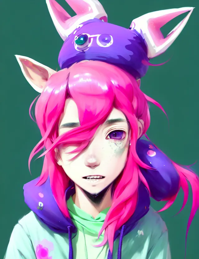 Prompt: a beautiful headshot portrait of a cute anime splatoon male boy with pink hair and pink wolf ears wearing a hoodie. piercings. green eyes. character design by cory loftis, fenghua zhong, ryohei hase, ismail inceoglu and ruan jia. artstation, volumetric light, detailed, photorealistic, fantasy, rendered in octane