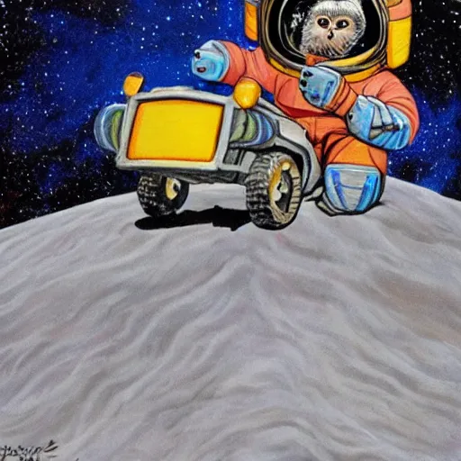 Image similar to painting of monkey wearing a space helmet riding an atv on the moon, jim burns style