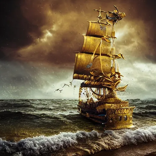 Prompt: Extremely detailed photo-realistic Beautiful Pirate Golden Galleon encrusted with gold and gems flying the JollyRoger flag, by erik johansson in a stormy sea