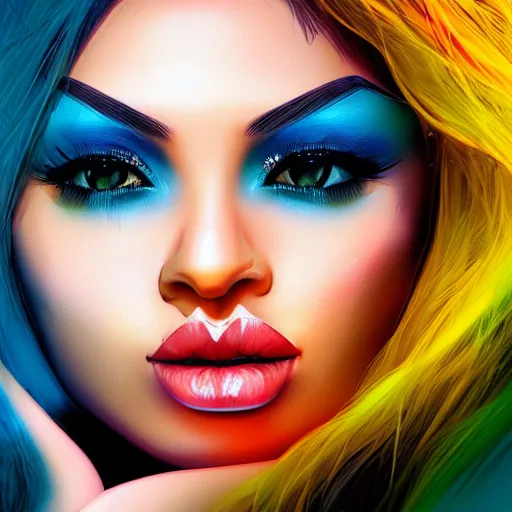 Image similar to portait of haifa wehbe, perfect lips, long hair blue yellow centred, hd, digital painting, unreal engine, final fantasy style, amazing red orange background theme