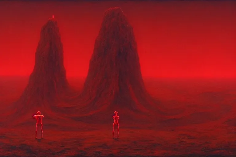 Image similar to only with red, red god of death eat apple, a futuristic city on mars in the background, red worms on the floor, in the style of beksinski, part by hopper, part by rodcenko, part by hofbauer, intricate composition, red by caravaggio, insanely quality, highly detailed, masterpiece, red light, artstation, 8 k