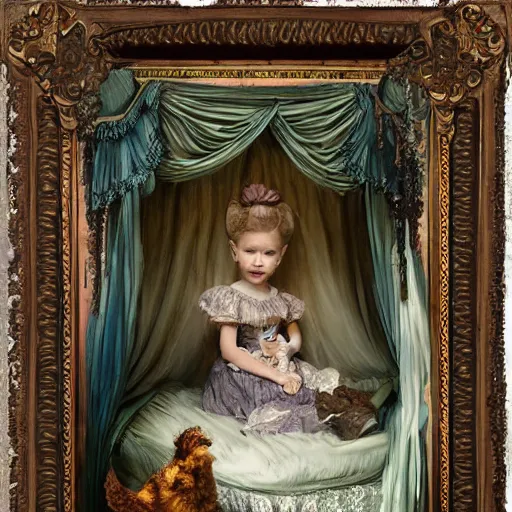 Prompt: a beautiful victorian girl child holding her pet monster in her gothic bedroom with canopy bed, detailed matte painting by omar rayyan, 8k