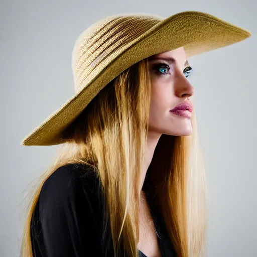 Image similar to portrait of 2 3 - year - old woman with angle lost profile looking away, happy women, cinematic colors, medium yellow blond hair, brown hat, hair comes out of the hat a little, caracter look like angelina jolie