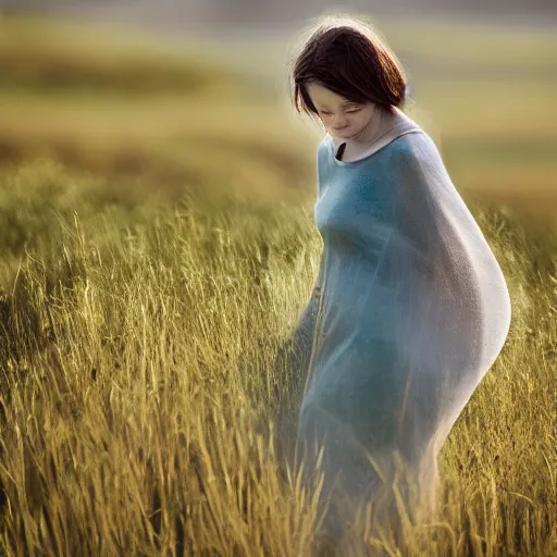 Prompt: a girl made out of clay surrounded by a biomorphic clouds in rolling hills, 5 0 mm lens, f 1. 4, sharp focus, ethereal, emotionally evoking, head in focus, volumetric lighting, 8 k