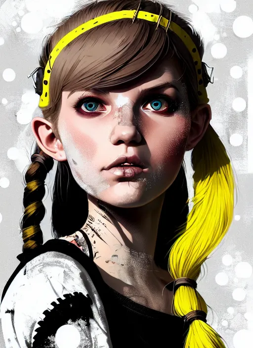 Image similar to highly detailed closeup portrait of a sewer punk pretty swedish female road warrior student, tartan garment, blonde hair pigtails with headband by atey ghailan, by greg rutkowski, by greg tocchini, by james gilleard, by joe fenton, by kaethe butcher, gradient yellow, black, brown and white color scheme, grunge aesthetic!!! white graffiti tag wall background