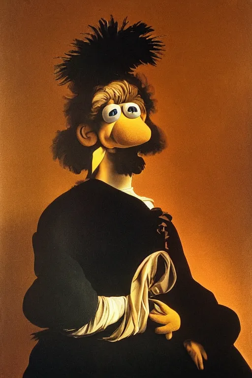 Image similar to a muppet painted by Caravaggio, black background, chiaroscuro