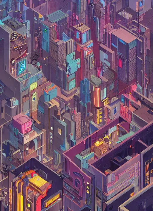 Prompt: a graphic layout design poster of a cyberpunk city in maze, chris ware, peter mohrbacher, jane newland, peter gric, chris ware, aaron horkey, illustration, artstation