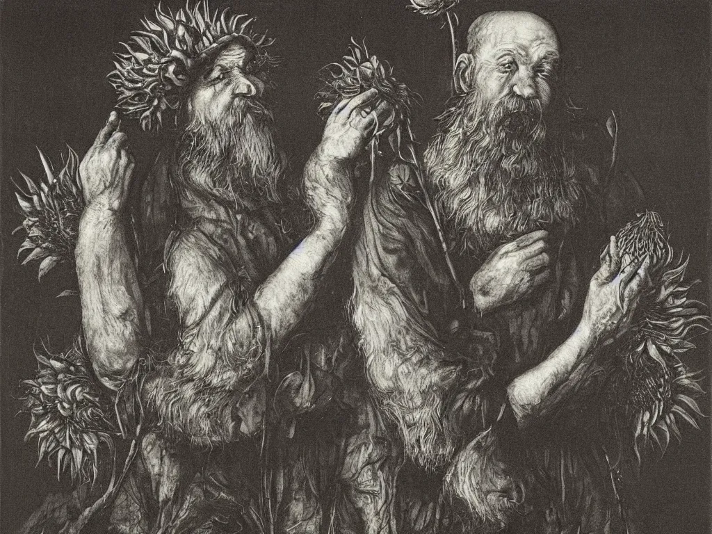 Prompt: Old long bearded man with sunflower in a dark room. Painting by Lucas Cranach, Roger Ballen