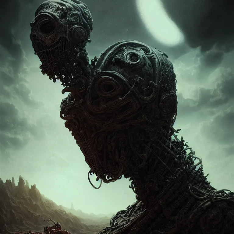 Image similar to portrait of beautiful man wearing black ribbed scorpio as mask, wastelands on exoplanet, baroque painting, beautiful intricate insanely detailed octane render, artstation, 8 k artistic harsh flash photography, photorealistic, volumetric perfect light, chiaroscuro, raphael, caravaggio, beksinski, rutkowski, giger