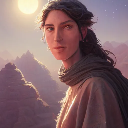 Image similar to highly detailed portrait of desert mage, stephen bliss, unreal engine, fantasy art by greg rutkowski, loish, rhads, ferdinand knab, makoto shinkai and lois van baarle, ilya kuvshinov, rossdraws, tom bagshaw, global illumination, radiant light, detailed and intricate environment