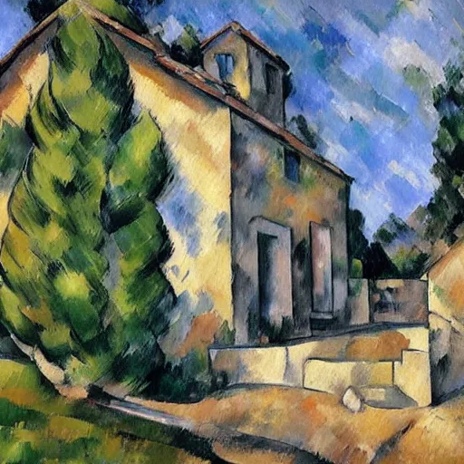 Prompt: a painting showing an old house with stone work and rocks in front, an ultrafine detailed painting by paul cezanne, pexels contest winner, plein air, fresco, diorama, panorama