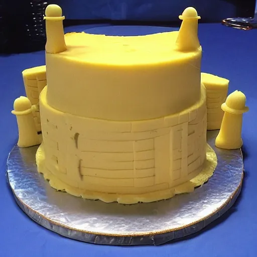 Image similar to Award winning photo 35mm of a cake that is made of cheese in the shape of the taj mahal