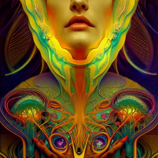 Image similar to extremely psychedelic beautiful brutalist organisms infected by night. intricate, elegant, highly detailed, extremely lifelike photorealistic digital painting, artstation. steichen, gaston bussiere, tom bagshaw, brutalist cyberpunk alphonse mucha. elegant minimalism. anatomically correct. sharp focus. gold with white accents. surreal lush cosmic hallucination