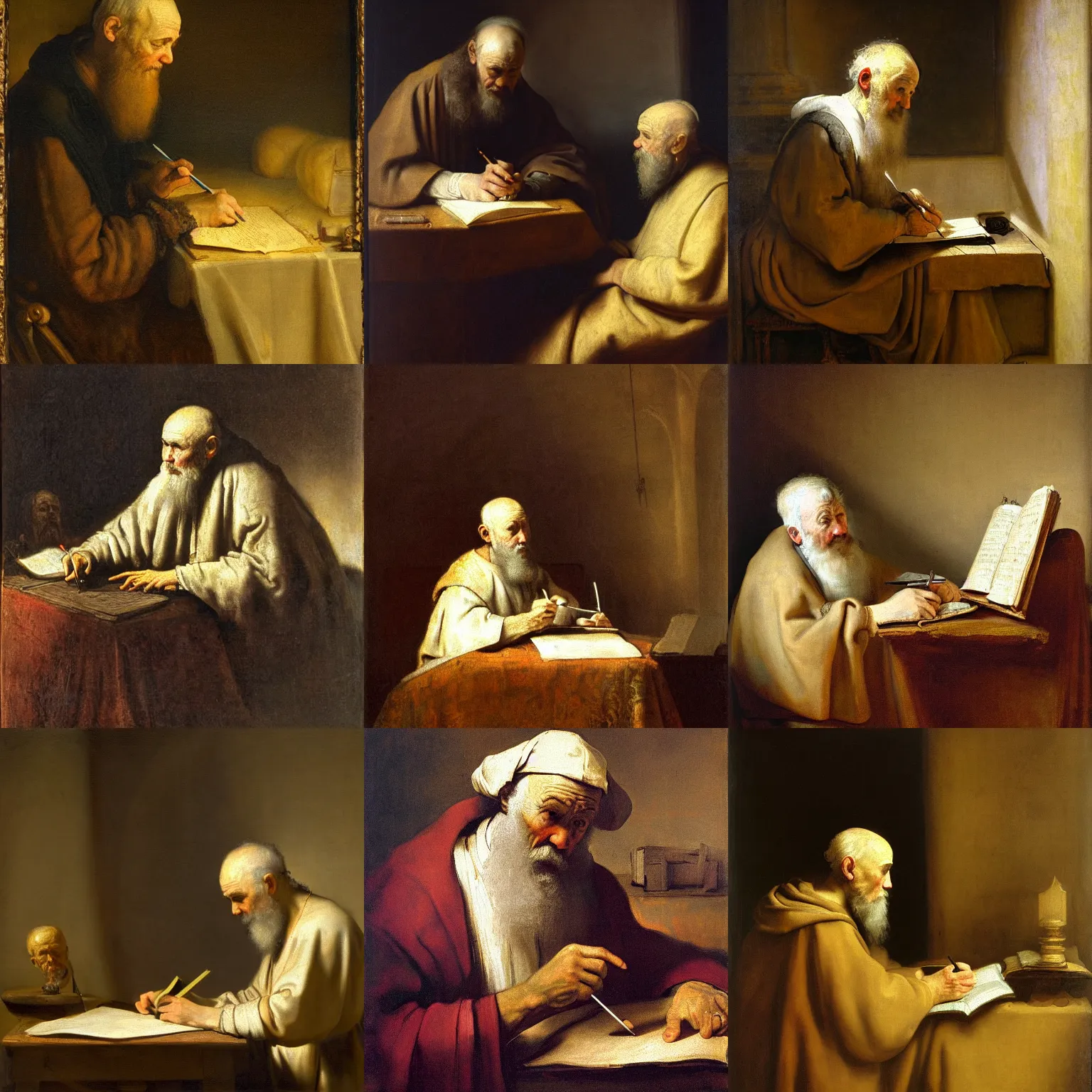 Prompt: St Jerome writing the vulgate, painted by Rembrandt and Sargent, 8k