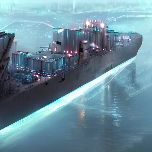 Image similar to Immense industrial futuristic cargo ship arrives at cyber punk city sea port, cinematic lighting, concept art