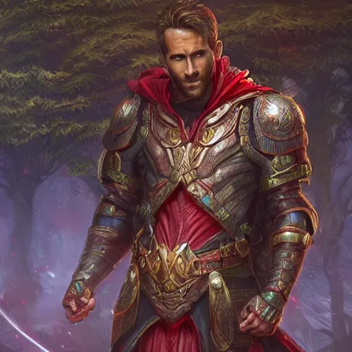 Prompt: ryan reynolds wearing wizard outfit leans against a magical tree romance novel fantasy artwork epic detailed and intricate digital painting trending on artstation by wlop octane render