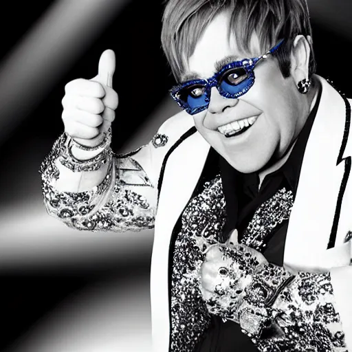 Prompt: thumbs up from Elton John, insane detailed photorealistic photo,