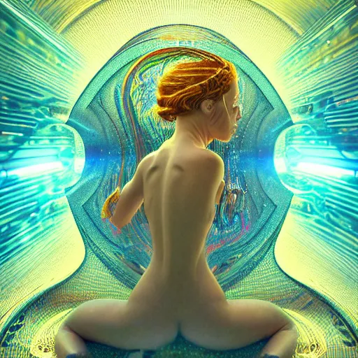 Image similar to trippy female machine droid bathing in ocean waves of glossy liquid stardust flowing like psychedelic plasma, lsd waves, lsd ripples, backlit, dramatic, refracted lighting, volumetric lighting, 8 k octane beautifully detailed render, post - processing, extremely hyper - detailed, intricate, epic composition, cinematic lighting, scifi art by alphonse mucha