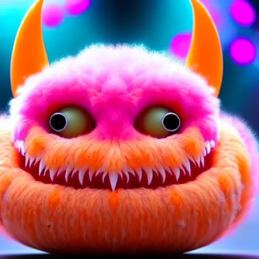 Image similar to an alien with a face that looks like a fuzzy peach the peach is fuzzy pink warm and ripe the alien has horns and a mean smile the alien has chicken feet cruel smile, 4k, highly detailed, high quality, amazing, high particle effects, glowing, majestic, soft lighting, detailed background