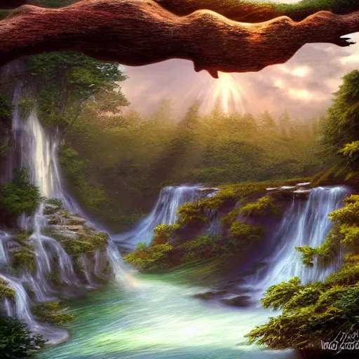 Image similar to an attractive woman holding an island with waterfalls coming off of it, happy, highly detailed, trending on art station, digital art, beautiful backdrop, highly detailed