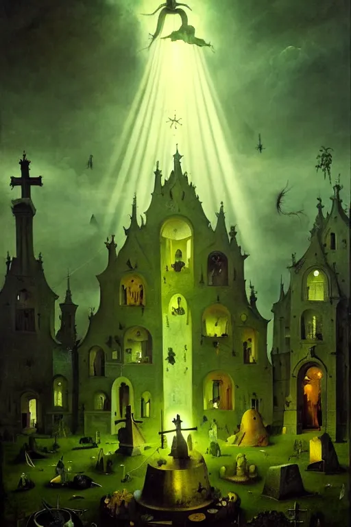 Image similar to hieronymus bosch, greg rutkowski, anna podedworna, painting of the broccoli, god rays, wide shot of a graveyard lit by spooky green lights