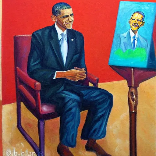 Image similar to a painting by Okeke Chukwuka Francis of Barak Obama sitting in a chair