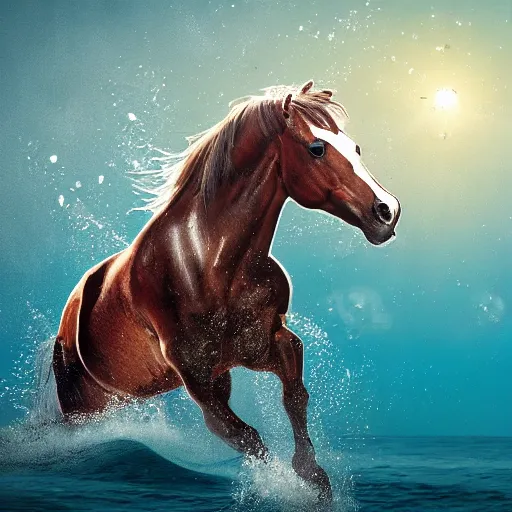 Image similar to horse swimming in the ocean with fork and knife, photorealistic, high detail