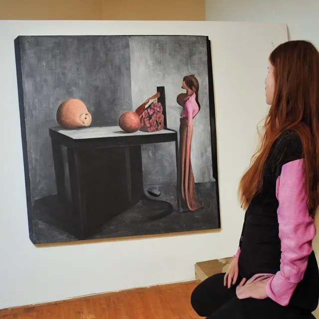 Image similar to a female art student in her apartment, sculpture work in progress, pig, pomegranate, acrylic on canvas, surrealist, by magritte and monet