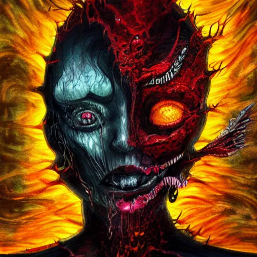 Image similar to woman, hell, horror, popular fantasy art abstract painting generated by artificial intelligence, 8K UHD, trending on artstation, extremely detailed