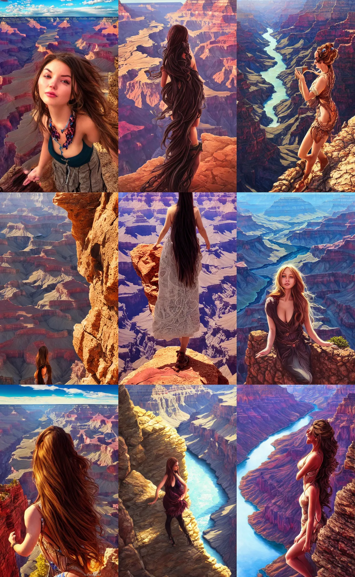 Prompt: high angle selfie of beautiful woman at the rim of the grand canyon, view looking down in into grand canyon in background, fantasy, whimsical, art by randy vargas, art by artgerm, art by alex garner, art by anato finnstark intricately detailed, highly detailed, trending on artstation