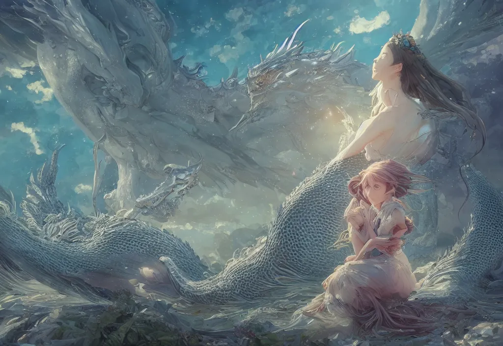 Image similar to the beautiful hyper detailed scene render that a lonely single beautiful girl lies in the arms of a huge silver dragon alone in the fairyland surrounded by white clouds, in the style of makoto shinkai victo ngai and peter mohrbacher studio ghibli artgerm karol bak beeple, cinematic, beautiful dream, ultra wide angle, animation style, 8 k hd