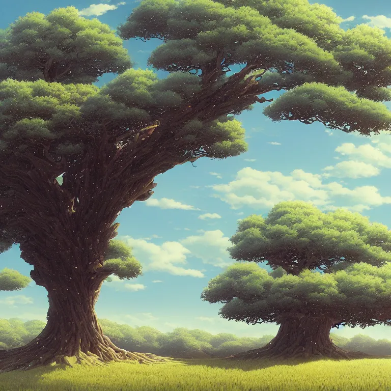 Image similar to a giant tree in a field with a sky background, a detailed matte painting by kaii higashiyama, cgsociety, sosaku - hanga, matte painting, anime, concept art