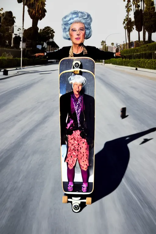 Prompt: a portrait of a fashionable gran on a skateboard in los angeles, in the style of david lachapelle